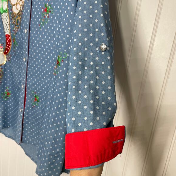 Jack b. quick Women’s Blue Polka Dot Sequined Holiday Button Blouse Size S - Picture 5 of 10